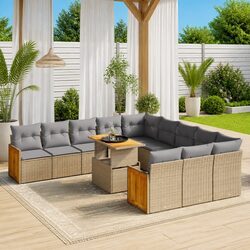 Outdoor Garden Sofa Set 11 Piece Patio Furniture Beige Poly Rattan Cushions