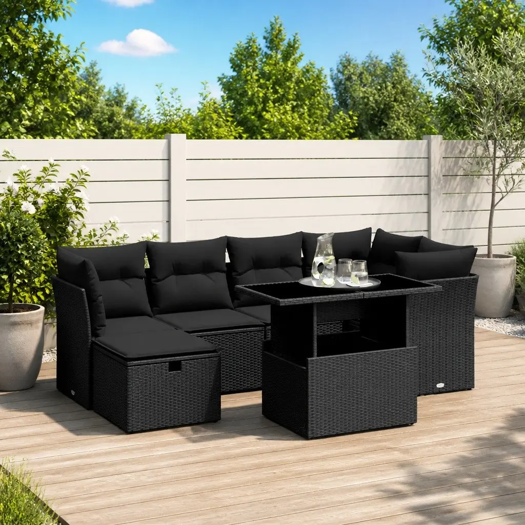 7 Piece Garden Sofa Set Modular Outdoor Furniture Adjustable Table Black PE Rattan