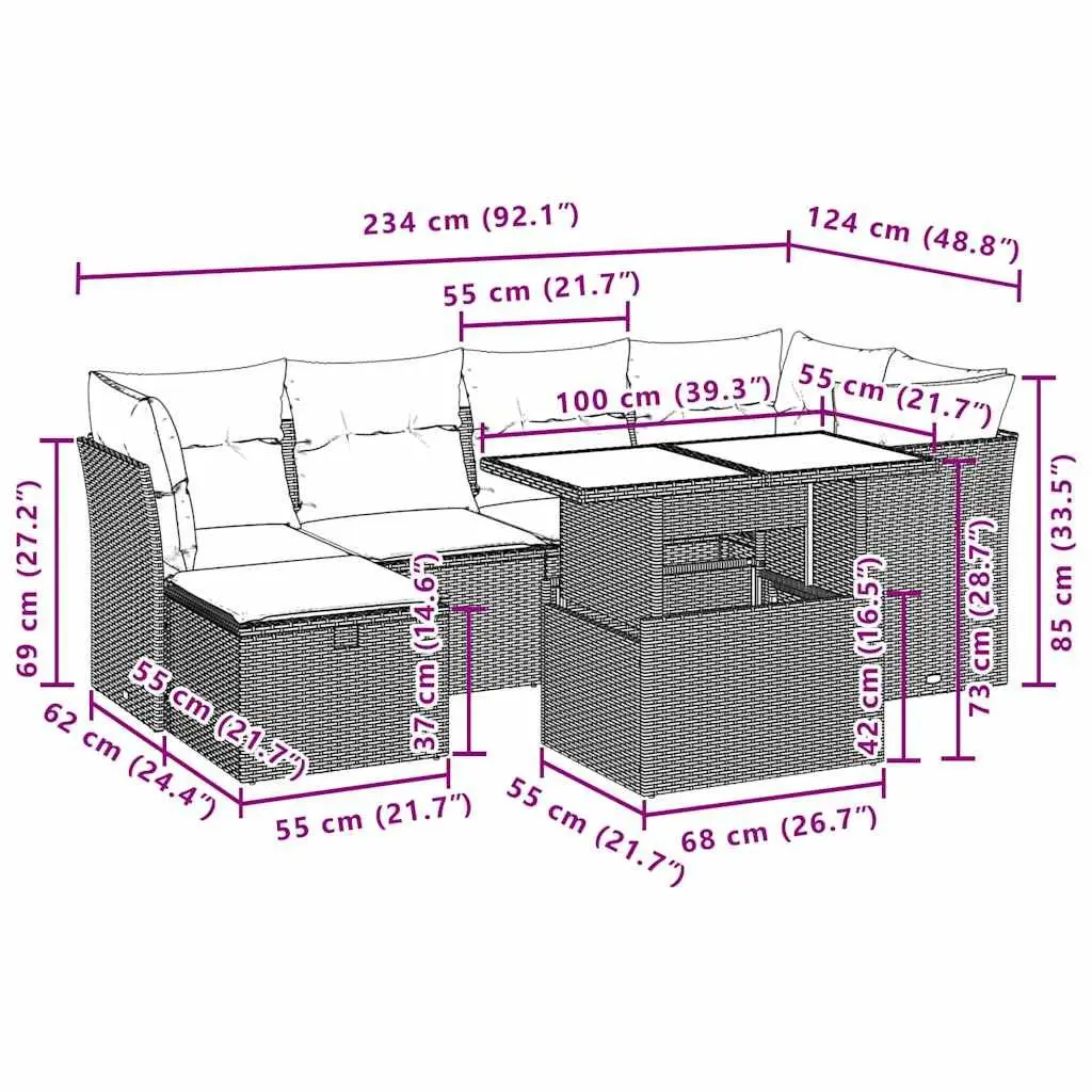 7 Piece Garden Sofa Set Modular Outdoor Furniture Adjustable Table Black PE Rattan