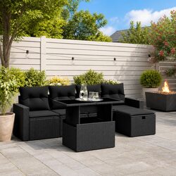 Garden Sofa Set 6 Piece Outdoor Furniture Black Poly Rattan Patio Lounge Suite
