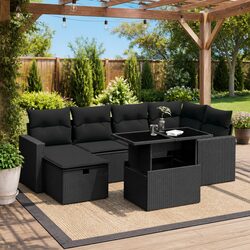 7 Piece Garden Sofa Set Outdoor Patio Furniture Black Poly Rattan with Cushions