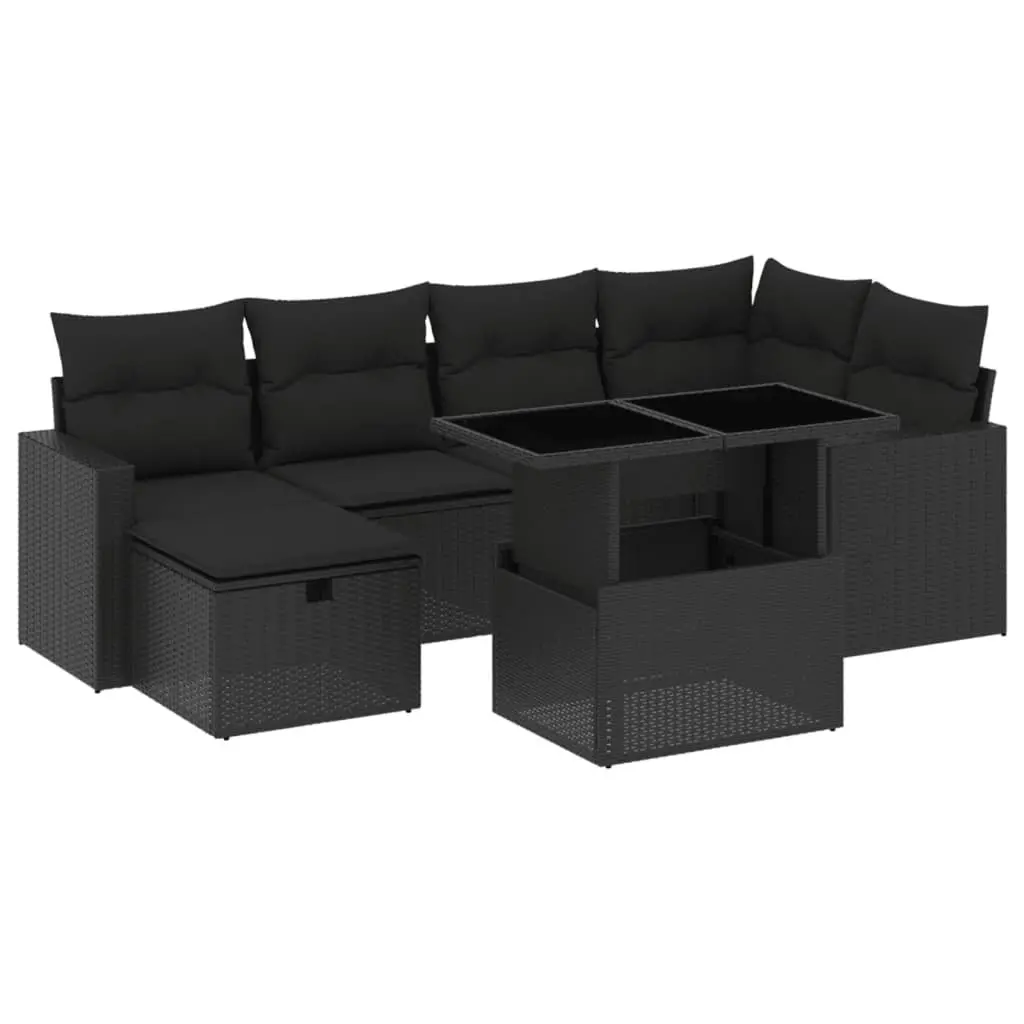 7 Piece Garden Sofa Set Outdoor Patio Furniture Black Poly Rattan with Cushions