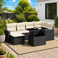7 Piece Outdoor Garden Sofa Set with Cushions Black Poly Rattan Modular Patio