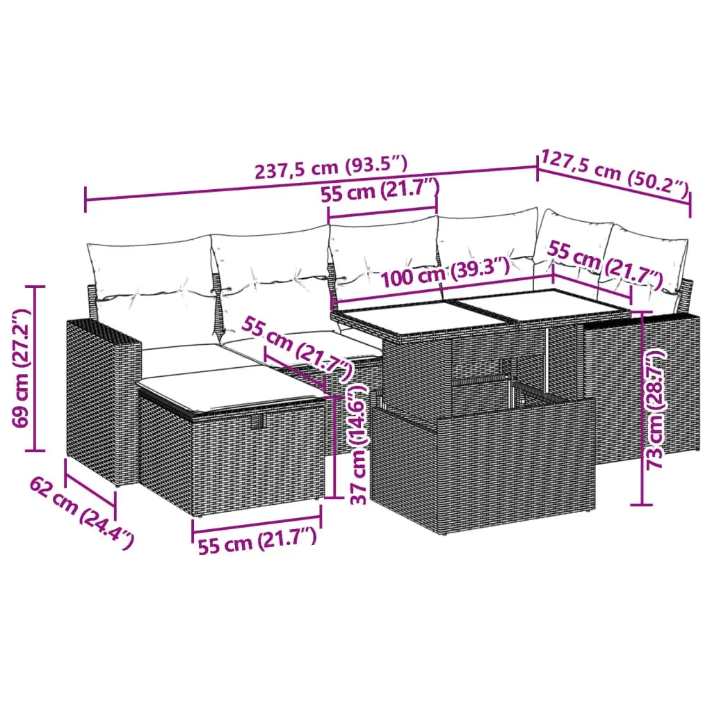 7 Piece Outdoor Garden Sofa Set with Cushions Black Poly Rattan Modular Patio