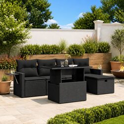 Garden Sofa Set 6 Piece Outdoor Furniture Black Poly Rattan Modular Patio Lounge