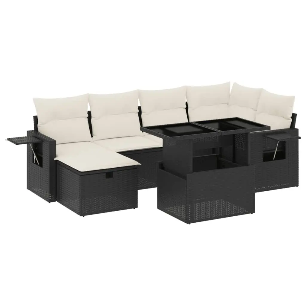 7 Piece Garden Sofa Set with Cushions Black Poly Rattan Outdoor Furniture Patio