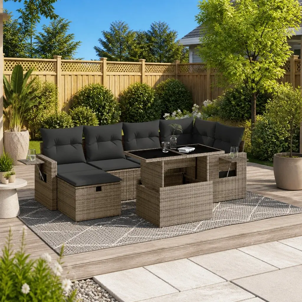 7 Piece Garden Sofa Set Grey PE Rattan Outdoor Furniture with Cushions