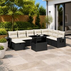 9 Piece Outdoor Garden Sofa Set Patio Furniture with Cushions Black Poly Rattan