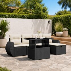 Garden Sofa Set 6 Piece Outdoor Furniture Black Poly Rattan Modular Patio Lounge