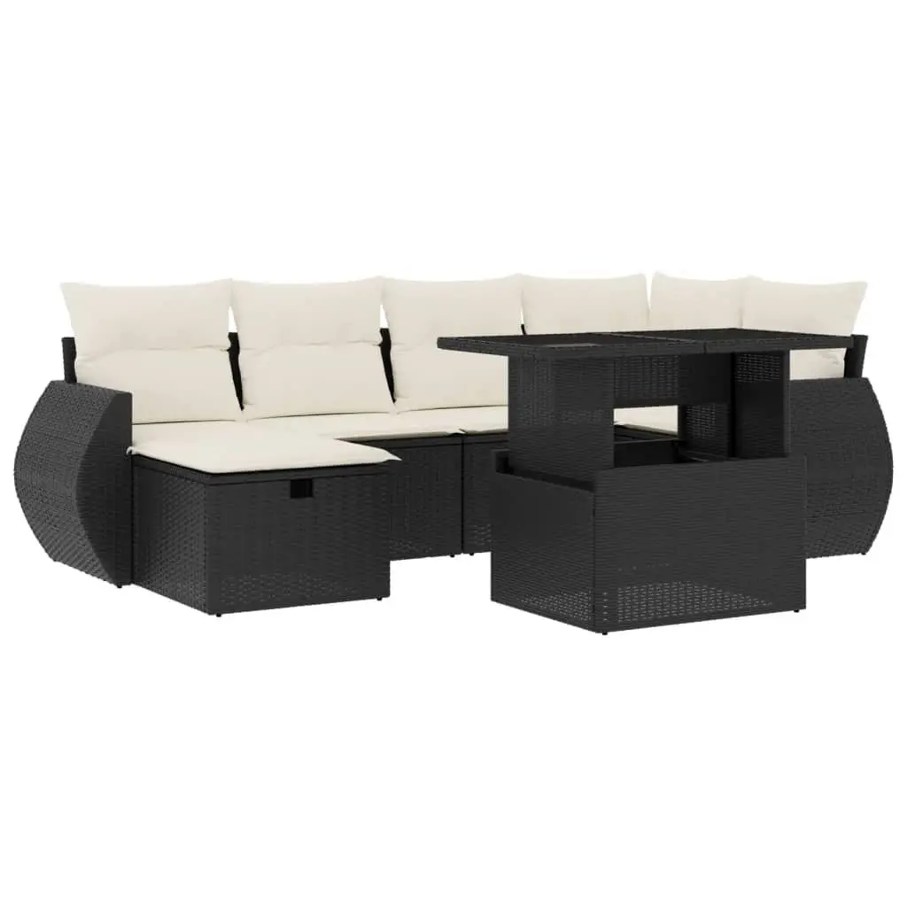 7 Piece Outdoor Garden Sofa Set with Cushions Black Poly Rattan Patio Furniture