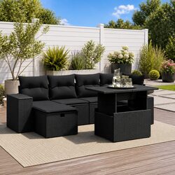 Garden Sofa Set 7 Piece Outdoor Furniture Black Poly Rattan Patio Lounge with