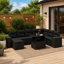 Garden Sofa Set 9 Piece Outdoor Furniture Patio Black Poly Rattan Modular Lounge