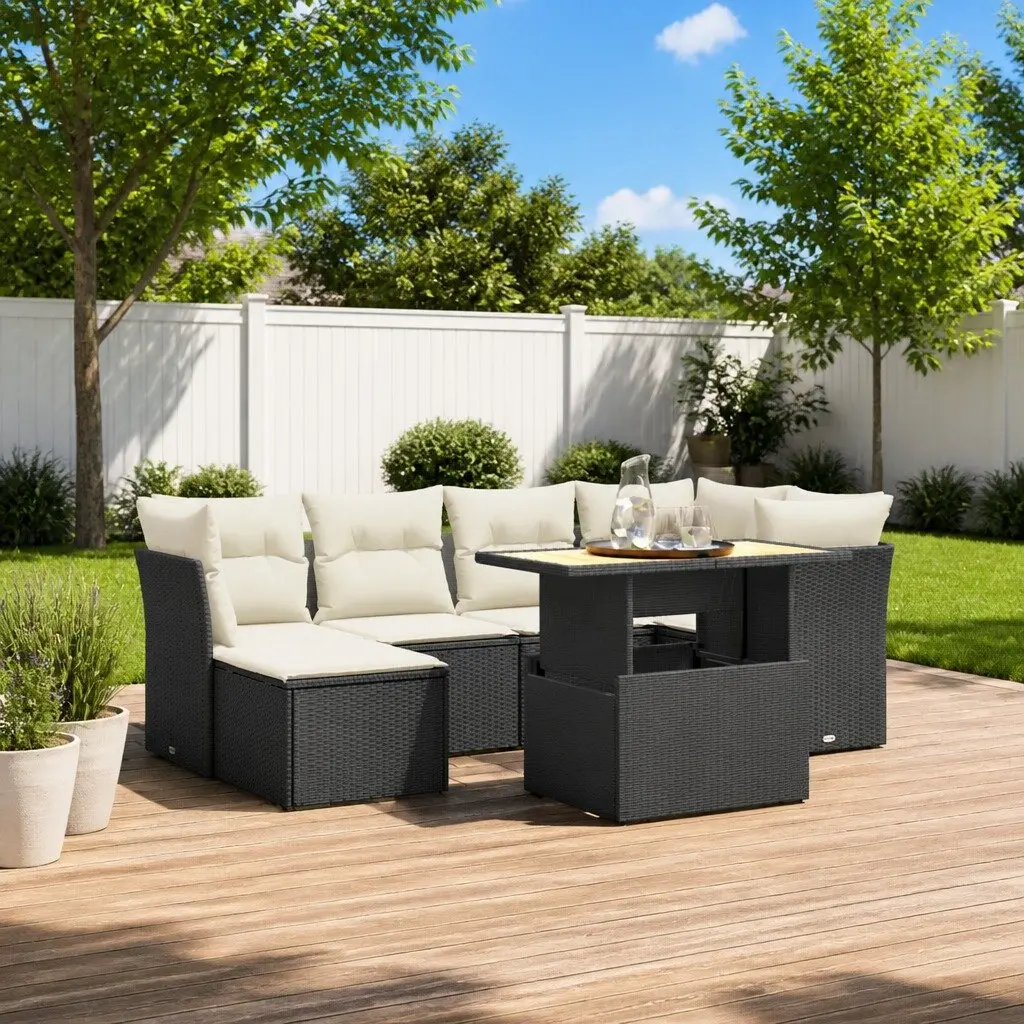 Garden Sofa Set 7 Piece Outdoor Furniture Black Poly Rattan Patio Seating