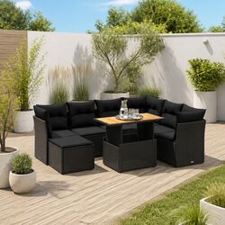 Garden Sofa Set 8 Piece Outdoor Patio Furniture with Cushions Black Rattan