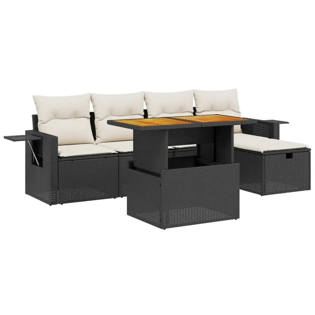 6 Piece Outdoor Garden Sofa Set with Cushions Black Poly Rattan Modular Patio