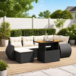 7 Piece Garden Sofa Set Outdoor Patio Furniture Black Poly Rattan Cushions