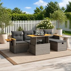 Garden Sofa Set 6 Piece Outdoor Furniture Grey Poly Rattan Modular Patio Lounge