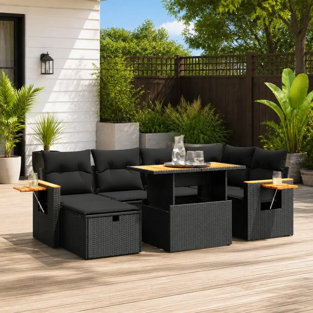 7 Piece Garden Sofa Set Outdoor Patio Furniture Black Poly Rattan with Cushions