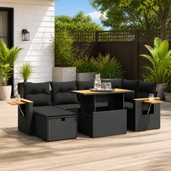 7 Piece Garden Sofa Set Outdoor Patio Furniture Black Poly Rattan with Cushions