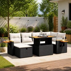 7 Piece Garden Sofa Set Outdoor Furniture Patio Black Poly Rattan Cushions