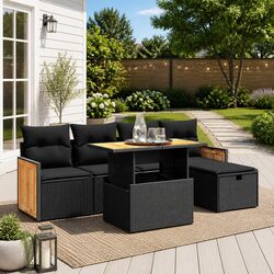 Garden Sofa Set 6 Piece Outdoor Furniture Black Poly Rattan with Cushions