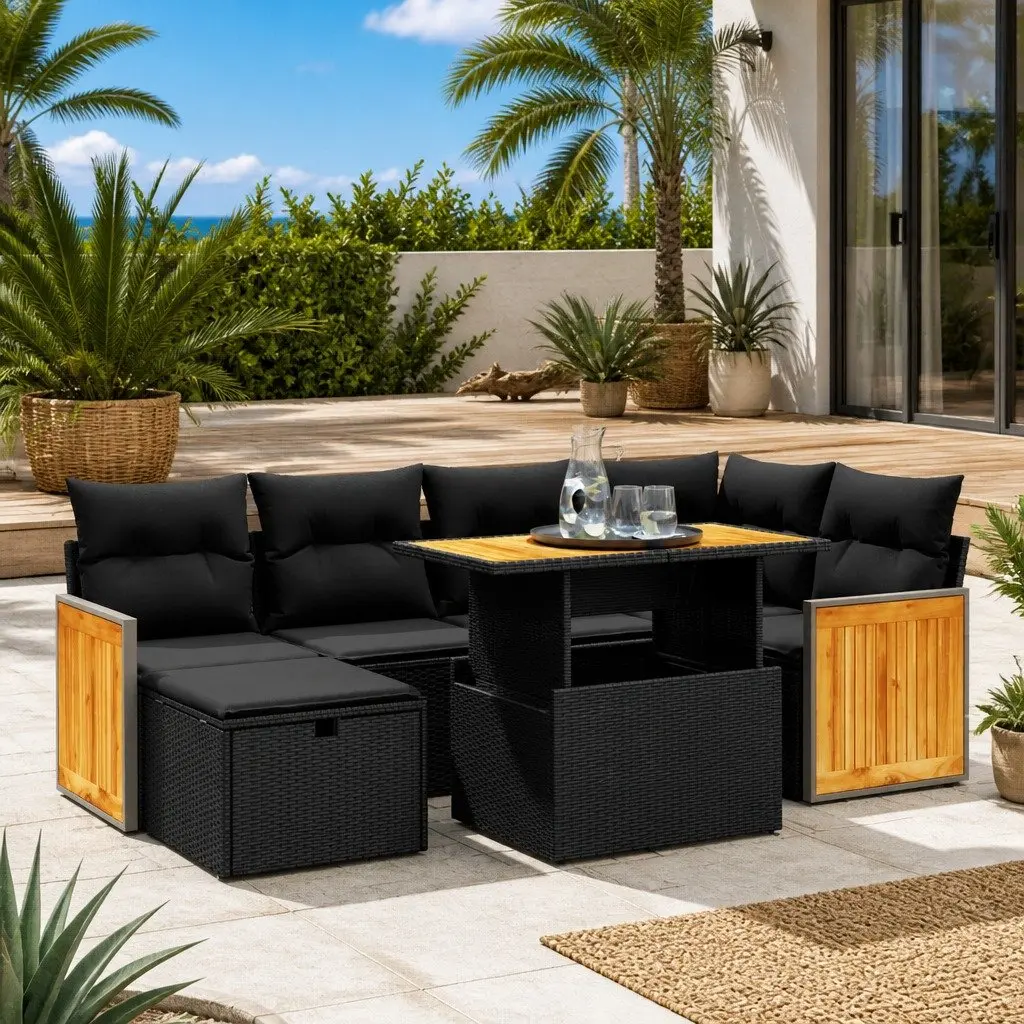 7 Piece Garden Sofa Set Black Poly Rattan Outdoor Furniture with Cushions