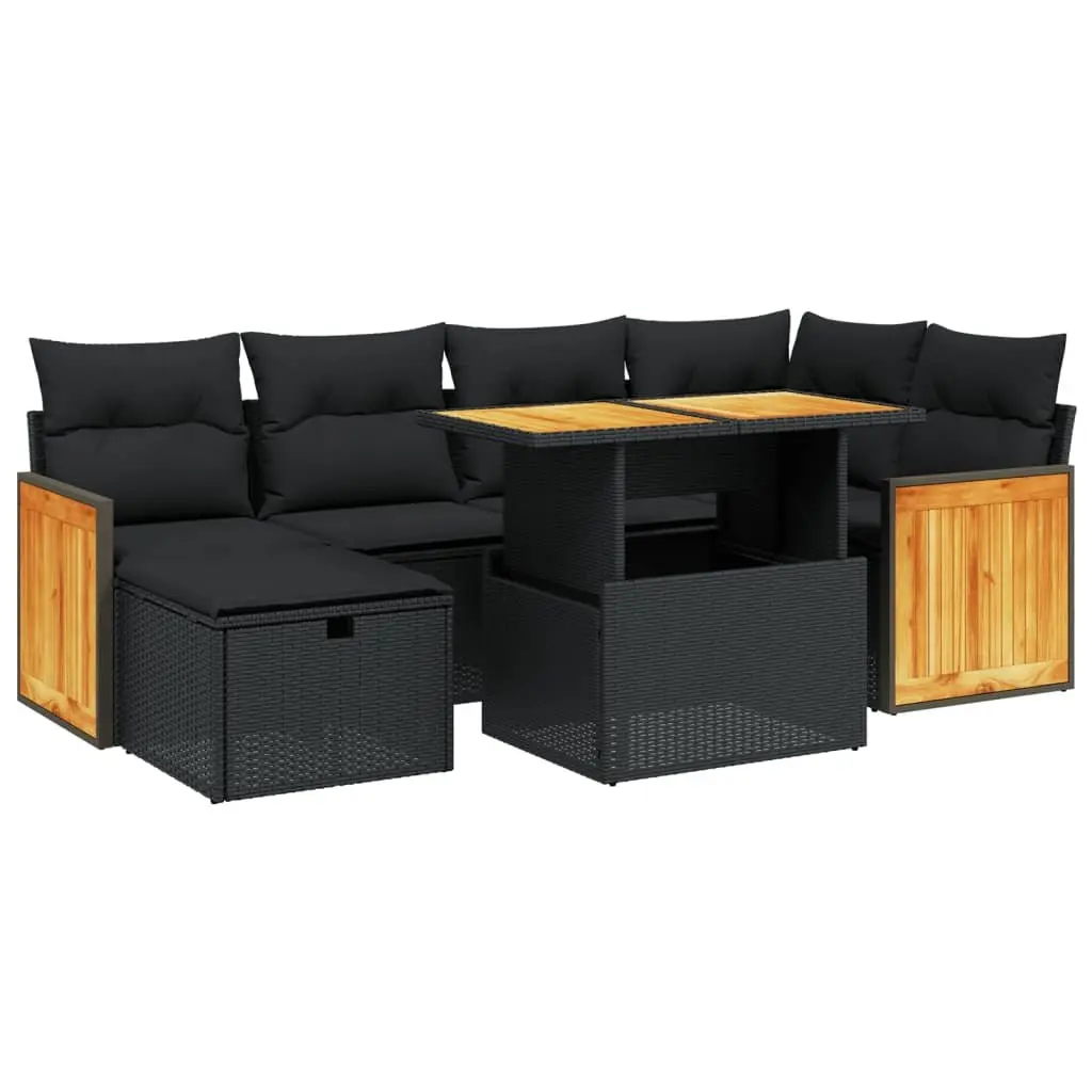 7 Piece Garden Sofa Set Black Poly Rattan Outdoor Furniture with Cushions