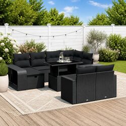 Outdoor Garden Sofa Set 11 Piece Black Poly Rattan Patio Furniture with Cushions