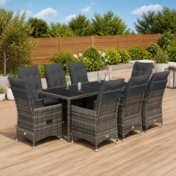Outdoor Garden Dining Set 9 Piece Grey Poly Rattan Patio Furniture with Cushions