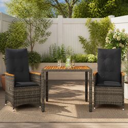 3 Piece Bistro Set Grey Poly Rattan Garden Furniture Outdoor Patio with Cushions