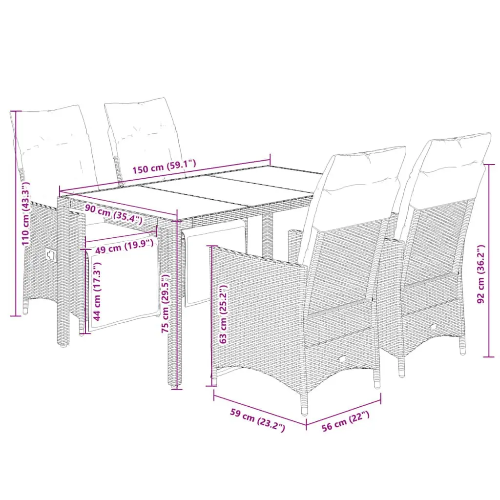 Outdoor Dining Set 5 Piece Garden Furniture Black Poly Rattan Patio Table Chairs