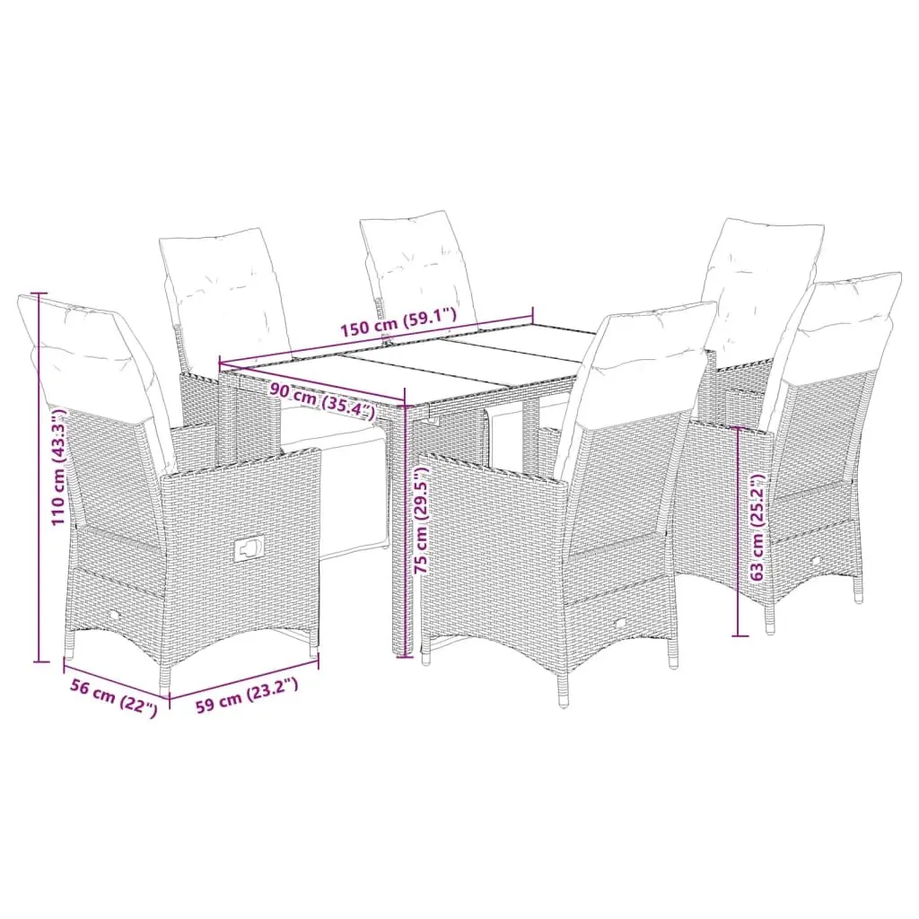 7 Piece Garden Dining Set Outdoor Patio Furniture with Cushions Black Rattan