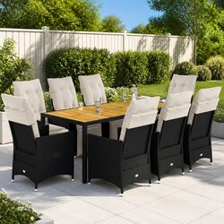 Garden Dining Set 9 Piece Outdoor Furniture Black Poly Rattan with Cushions