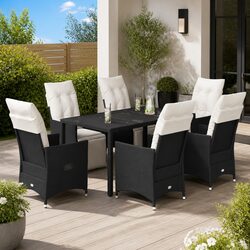 Garden Dining Set 7 Piece Black Poly Rattan Patio Furniture with Cushions