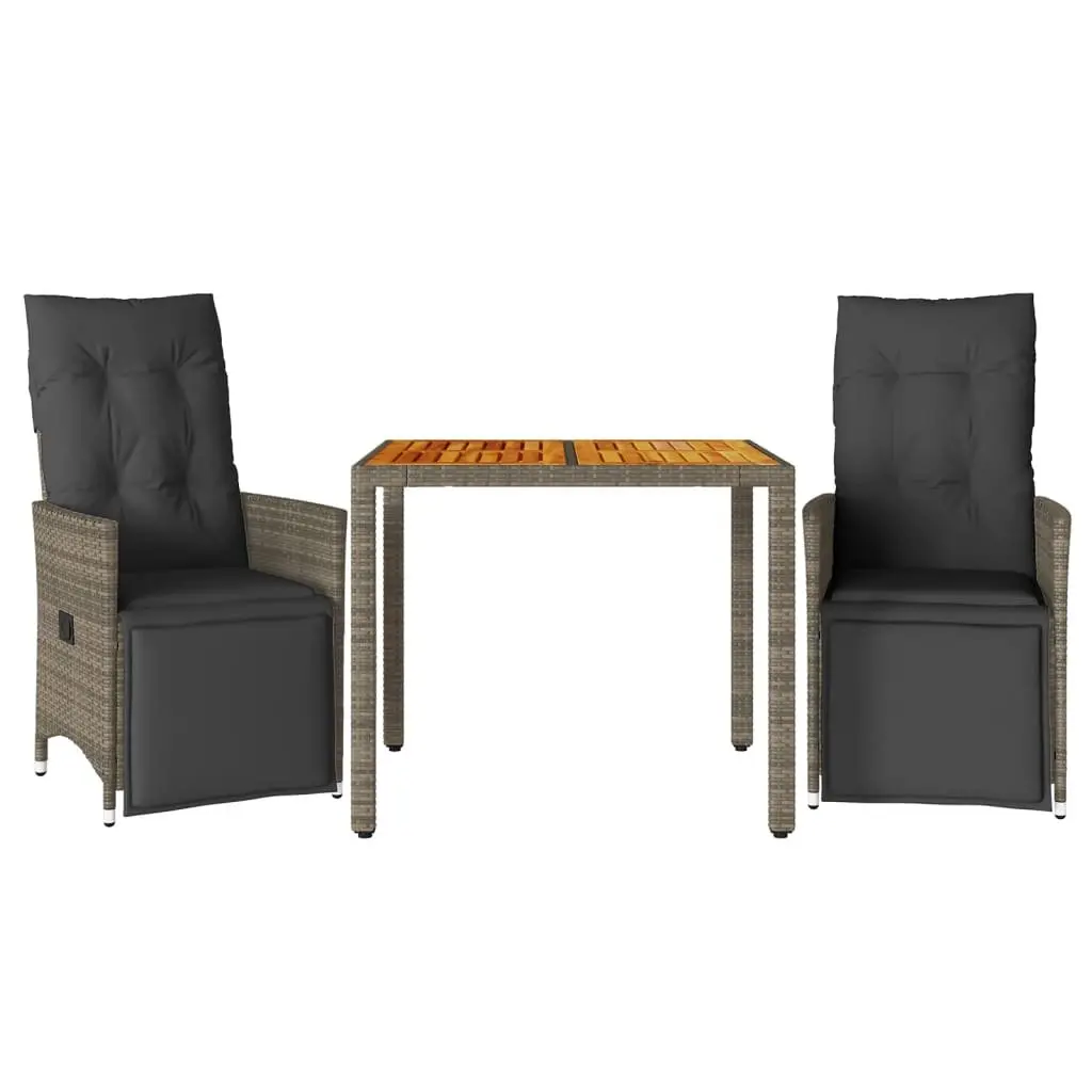 3-Piece Garden Bistro Set Grey Poly Rattan Chair Table Outdoor Furniture