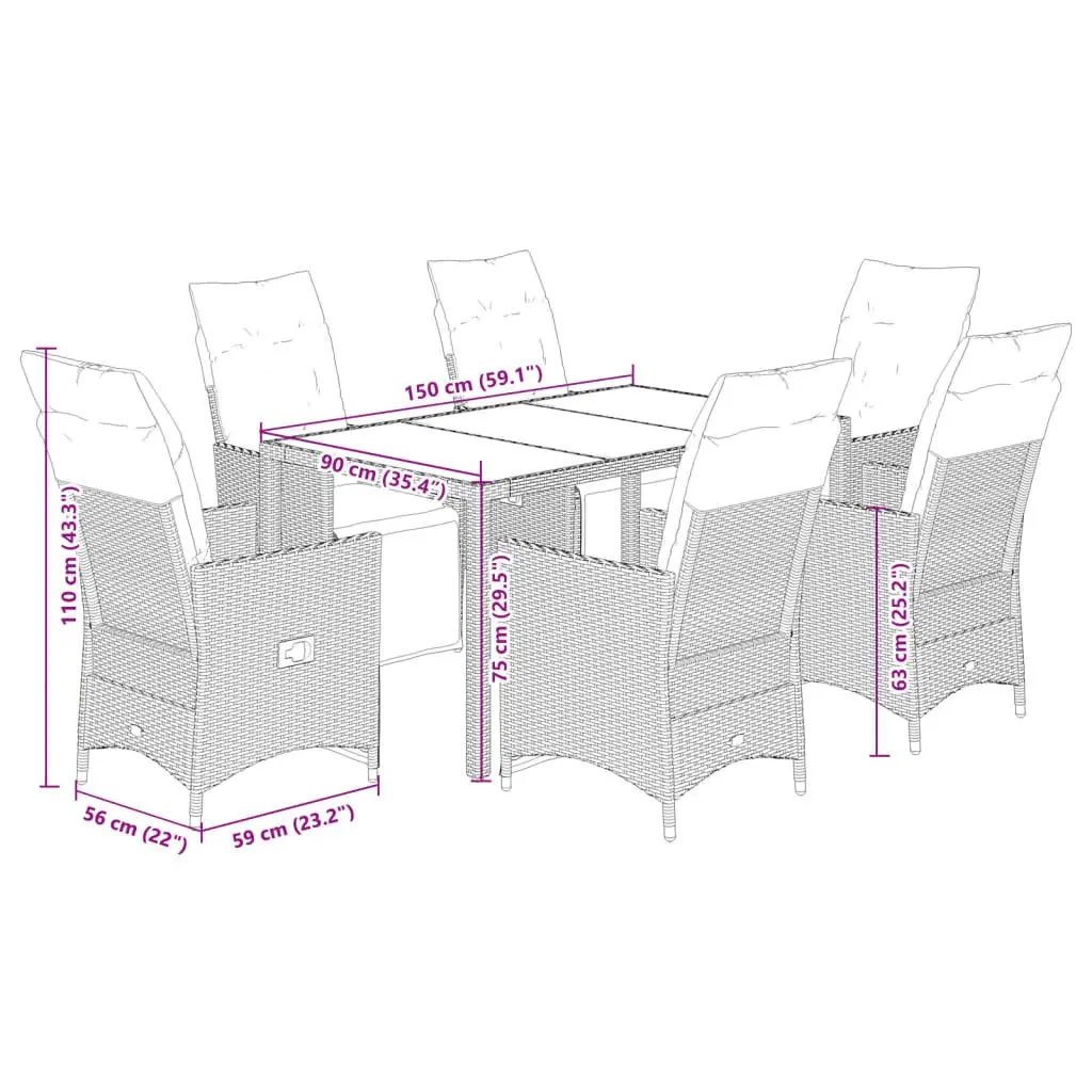 7 Piece Garden Bistro Set Grey Poly Rattan Outdoor Furniture with Cushions