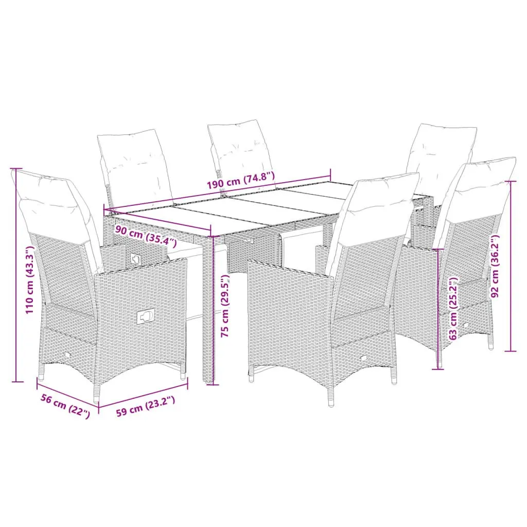 Garden Bistro Set 7 Piece Outdoor Furniture Cushions Grey Poly Rattan