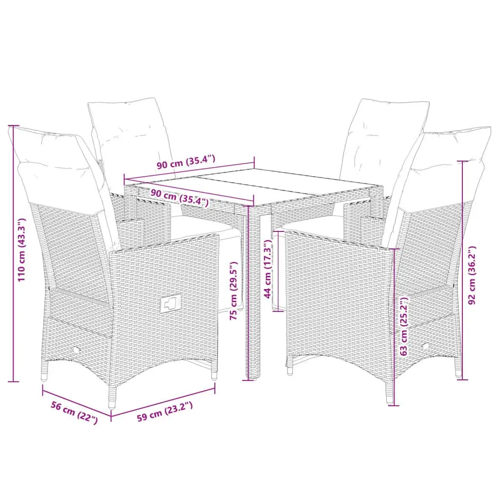 Garden Bistro Set 5 Piece Outdoor Furniture Grey Poly Rattan with Cushions Table