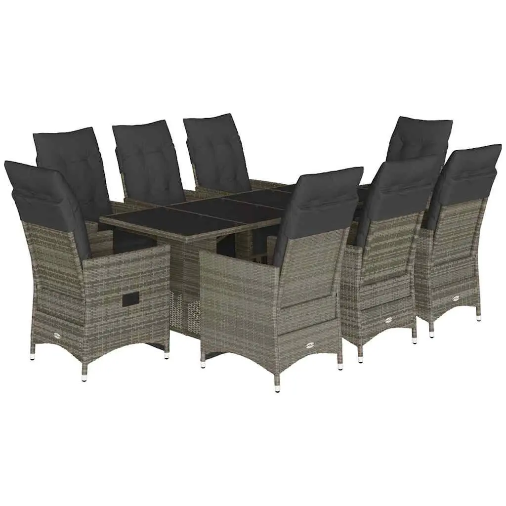 Garden Bistro Set 9 Piece Outdoor Furniture Grey Poly Rattan with Cushions