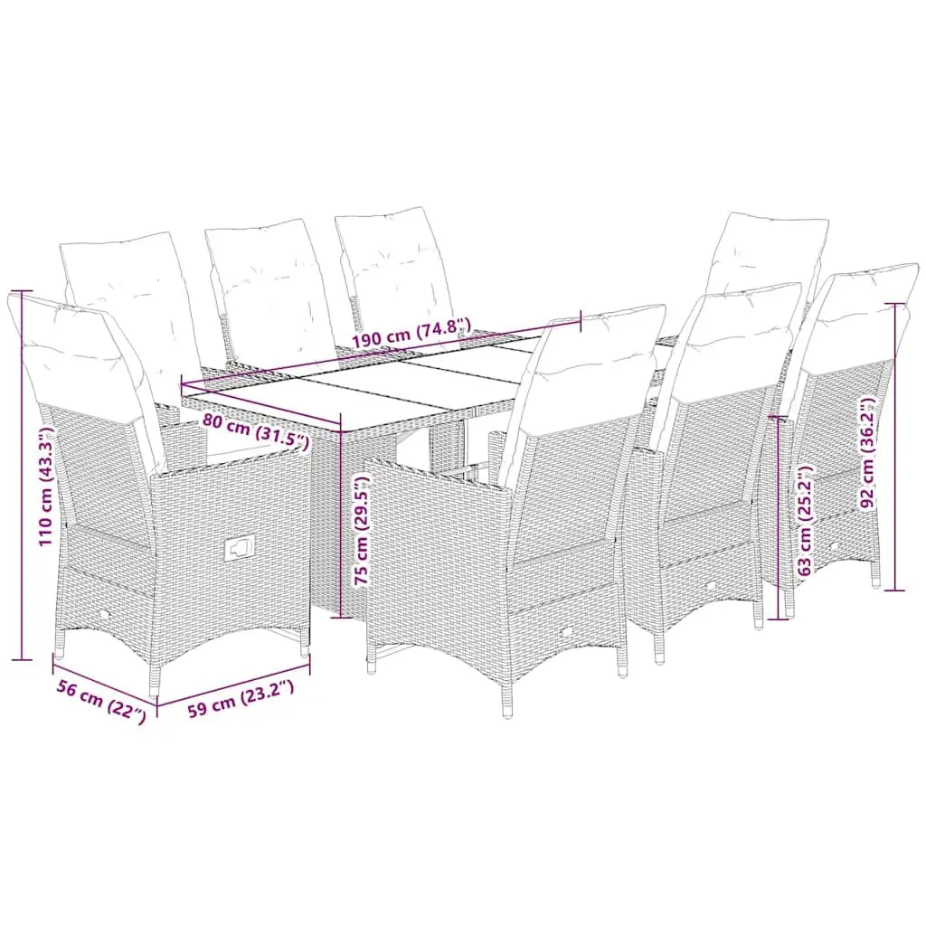 Garden Bistro Set 9 Piece Outdoor Furniture Grey Poly Rattan with Cushions
