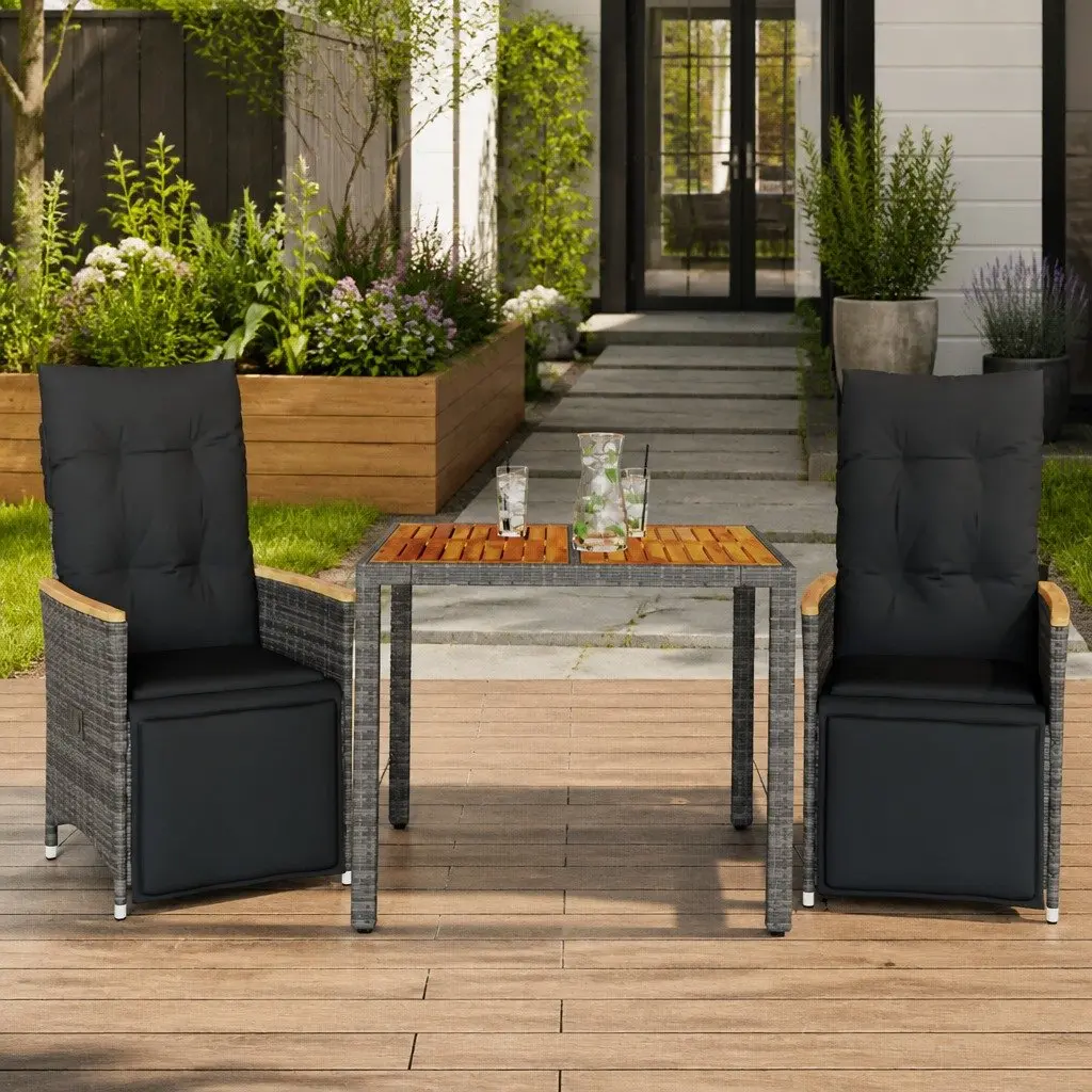 Garden Bistro Set 3 Piece Outdoor Furniture Grey Poly Rattan with Cushions