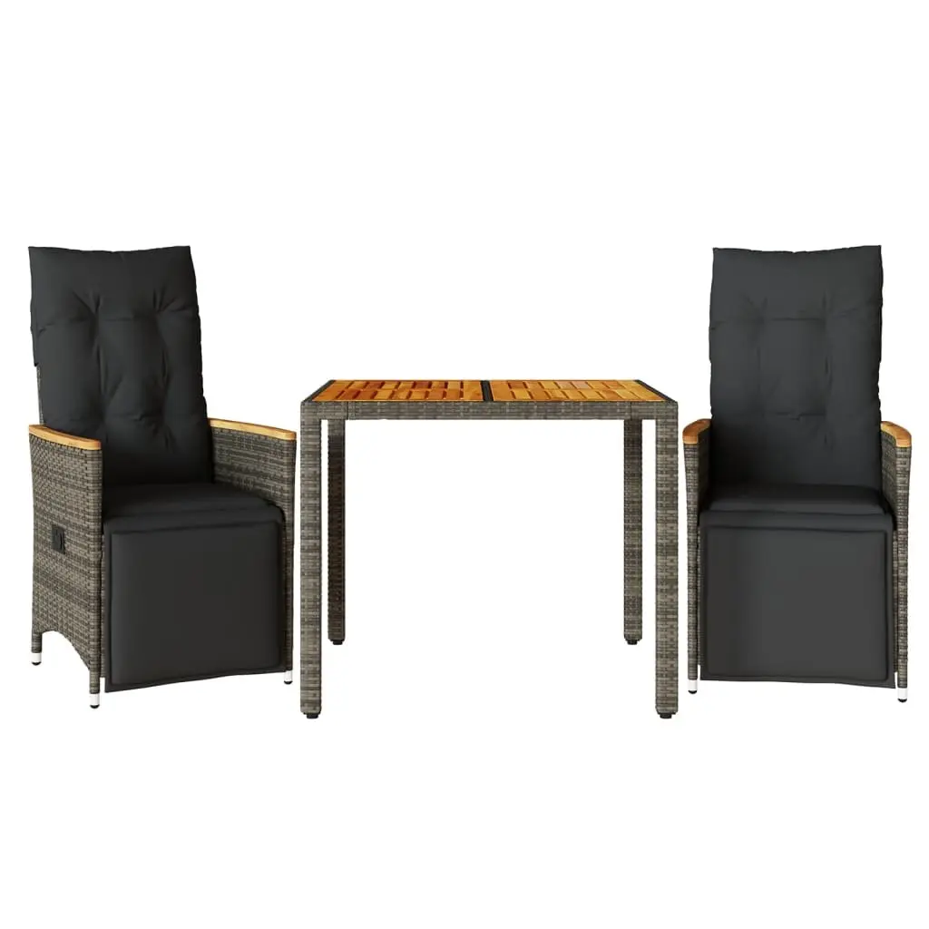 Garden Bistro Set 3 Piece Outdoor Furniture Grey Poly Rattan with Cushions