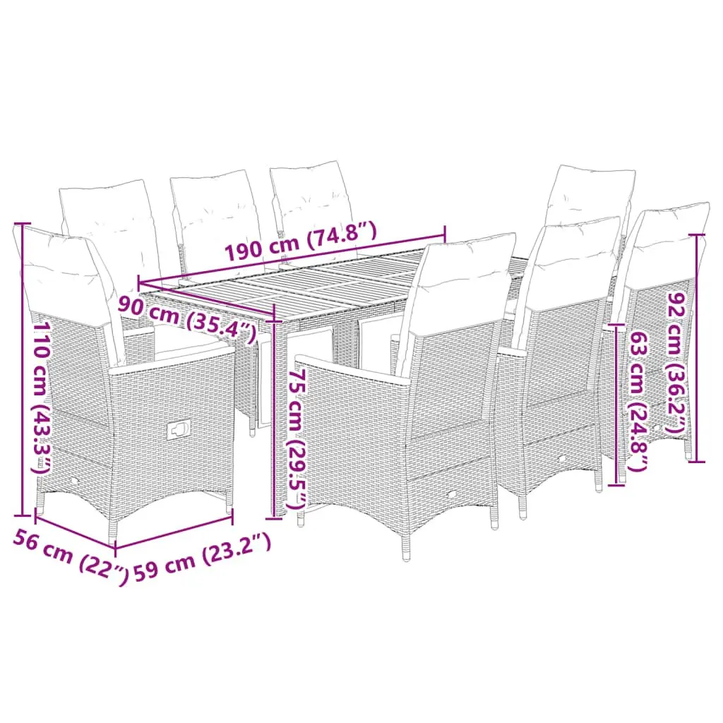 Garden Bistro Set 9 Piece Outdoor Furniture Grey Poly Rattan with Cushions Seat