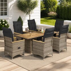 7 Piece Garden Bistro Set Grey Poly Rattan Outdoor Furniture with Cushions Table