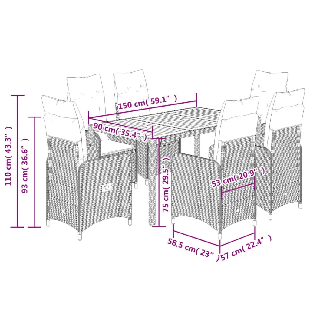 7 Piece Garden Bistro Set with Cushions Adjustable Backrest Black Outdoor