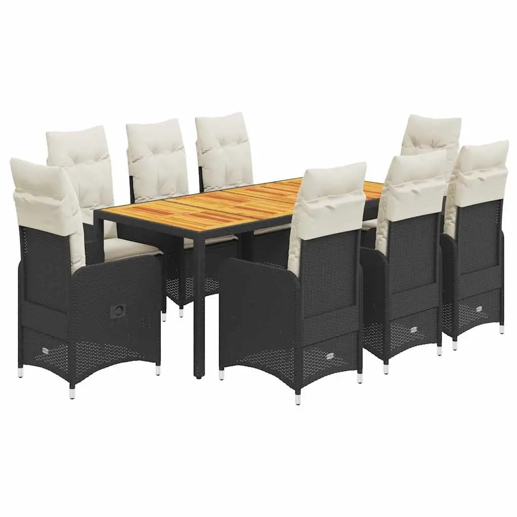 Garden Bistro Set 9 Piece Outdoor Furniture with Cushions Black Poly Rattan