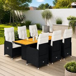 7 Piece Outdoor Bistro Set Black Poly Rattan Garden Furniture Padded Cushions