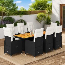 9 Piece Garden Bistro Set Outdoor Furniture Black Poly Rattan Padded Cushions