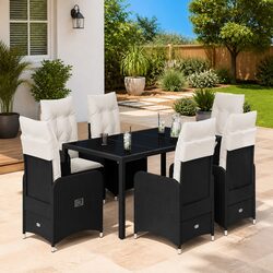 7 Piece Garden Bistro Set Outdoor Furniture Black Poly Rattan Cushions Balcony