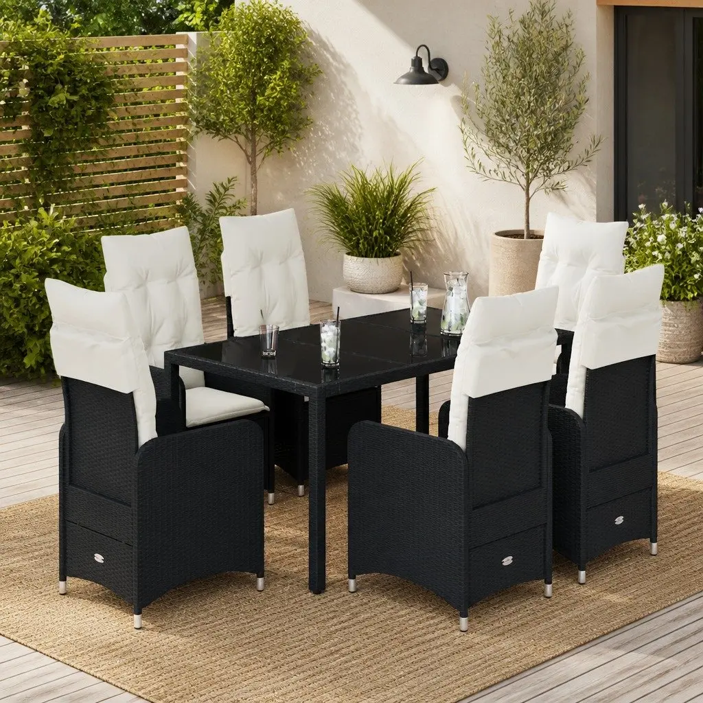 7 Piece Garden Bistro Set Outdoor Furniture Black Poly Rattan with Cushions